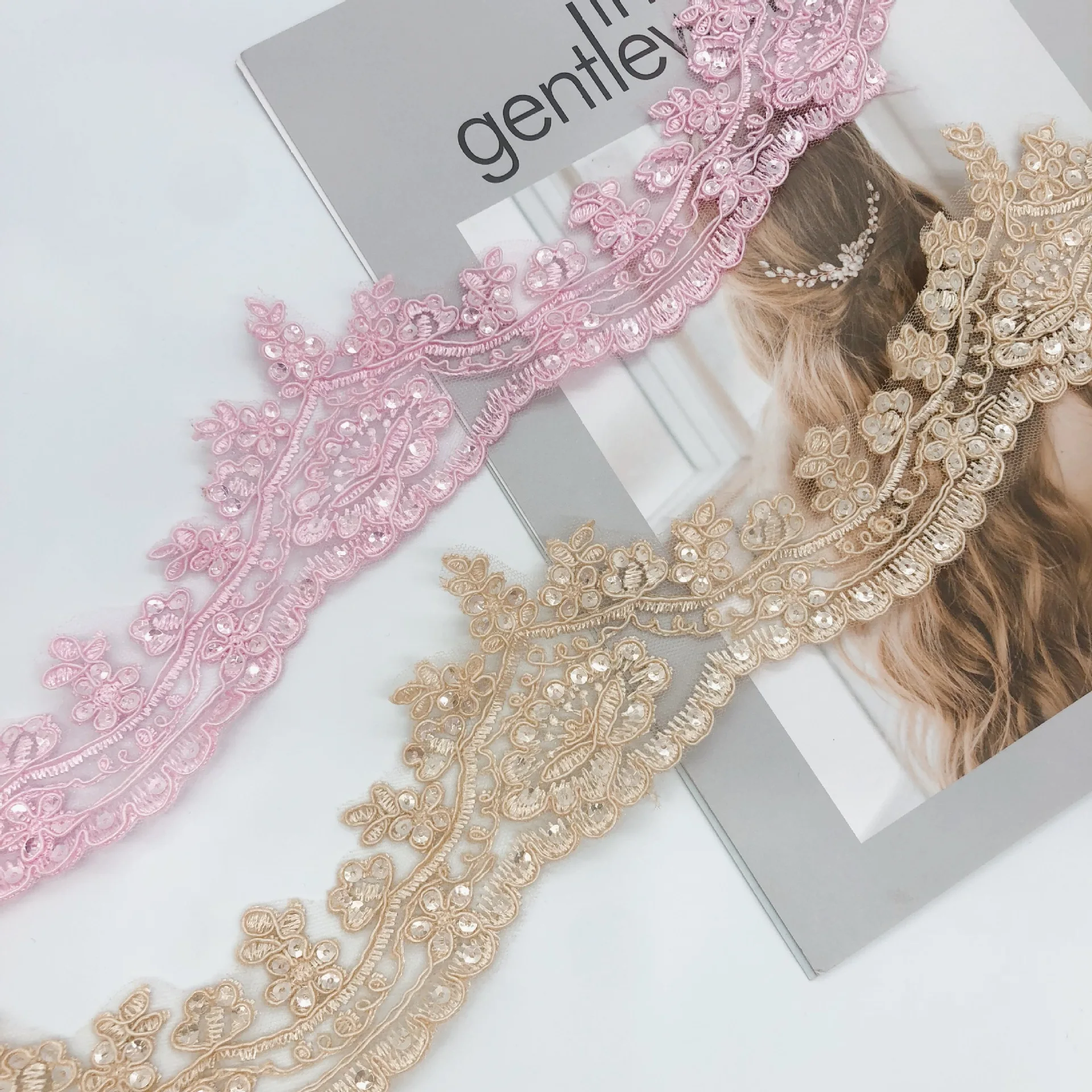 LS808 White Pink Bridal Jewelry Handmade DIY Accessories Car Bone Embroidery Sequins Lace Trimming For Wedding Dress