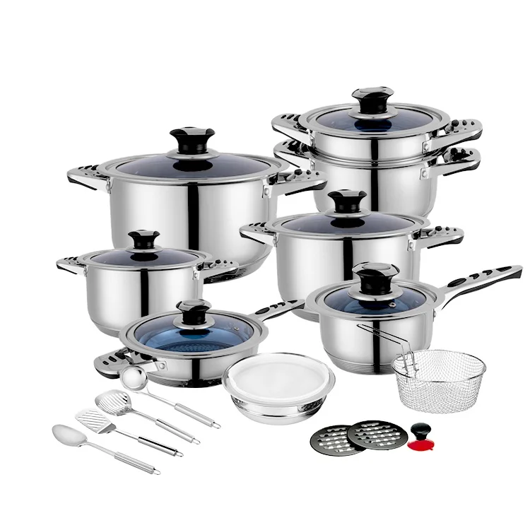 German hot sell 12/ 21/30 /40 / 50 / 60 / 80 pcs stainless steel wide edge thermos induction cookware set with blue glass lid