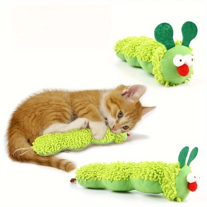 New Arrival Green Fuzzy Worm Cat Plush Toy Soft Pillow Kitten Chew Toy Interactive Cat Toys For Indoor Cats