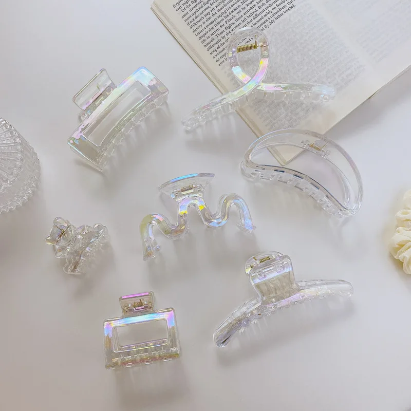 Korean Newest Shiny Color Geometry Plastic Glitter Large Hair Claw Clips Transparent Round Wave Square Small Hair Claw Set