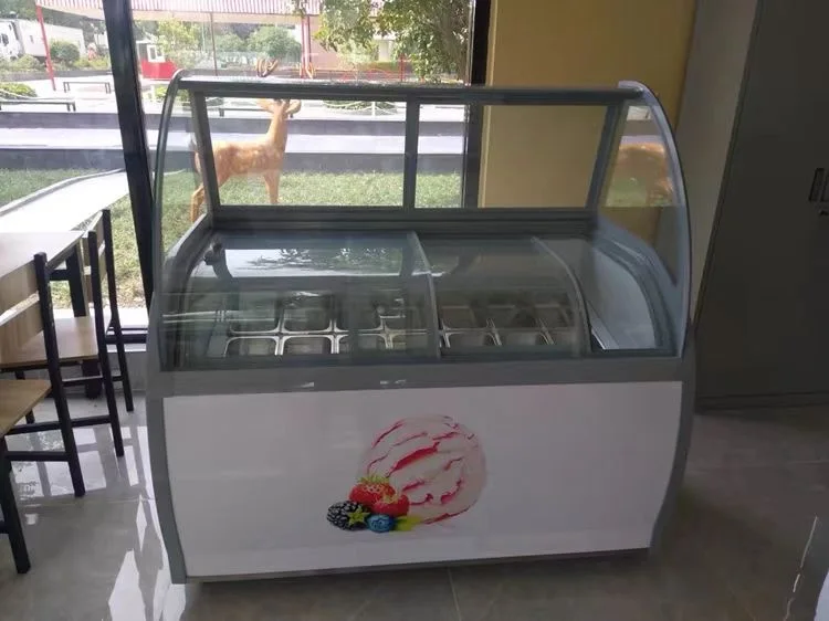 Commercial Single-Temperature Marble Ice Cream Display Case LED Curved Double Glass Door Compressor Freezer Refrigerator ETL