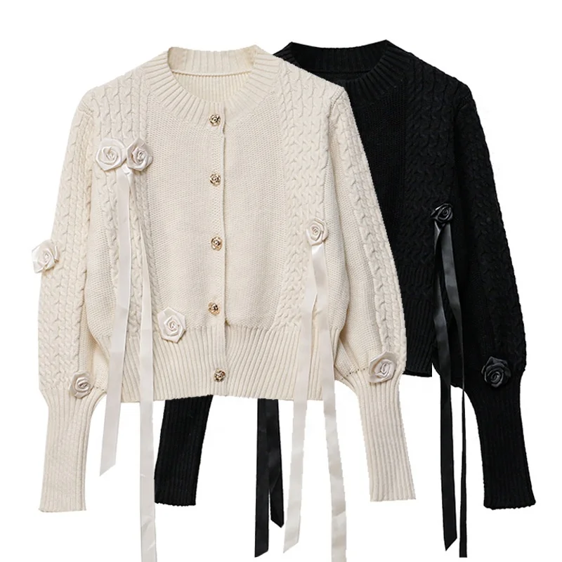 Wholesale 2021 Latest Rose Embroidery Fancy Button  Up Knit Cardigan Knitting Ladies Coat Crew Neck Outwear Cardigan for Women