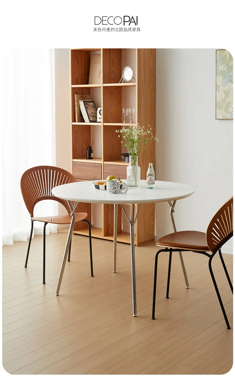 Modern round White Dining Table Set with Stainless Steel Legs KD MDF HPL for Home Use Study or Living Room