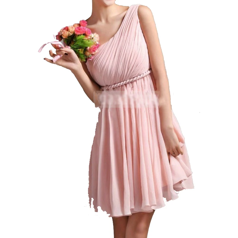 Short Length Draped One Shoulder A-line Bridesmaid Dress