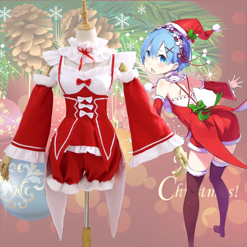 Red Anime Re:zero Kara Hajimeru Isekai Seikatsu Life In a Different World Ram Rem Cosplay Costume  Maid Dress Christmas Costume