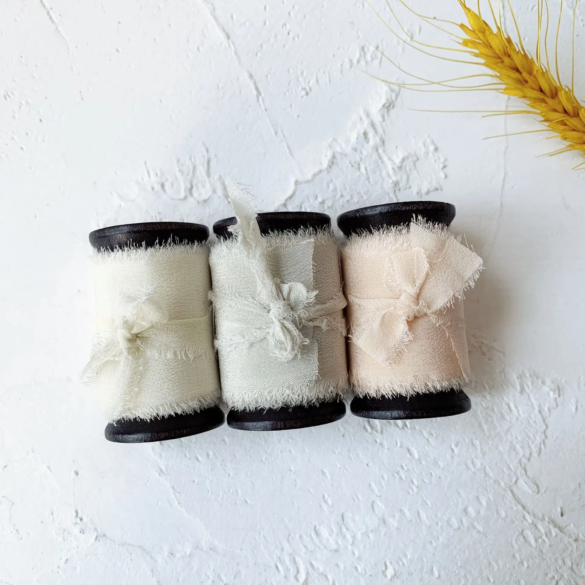 
3Rolls one Set 100% silk frayed edges ribbon ins style wedding silk ribbon woodenspools pure silk satin package ribbon wedding 
