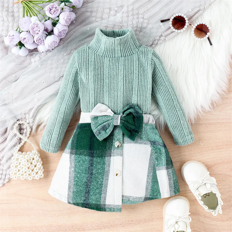 Ms-66 Children Clothing Sets Long Sleeve Tshirt Tops+Plaid Skirt Formal Outfits Winter Dress for Baby Girls 3-4 Years