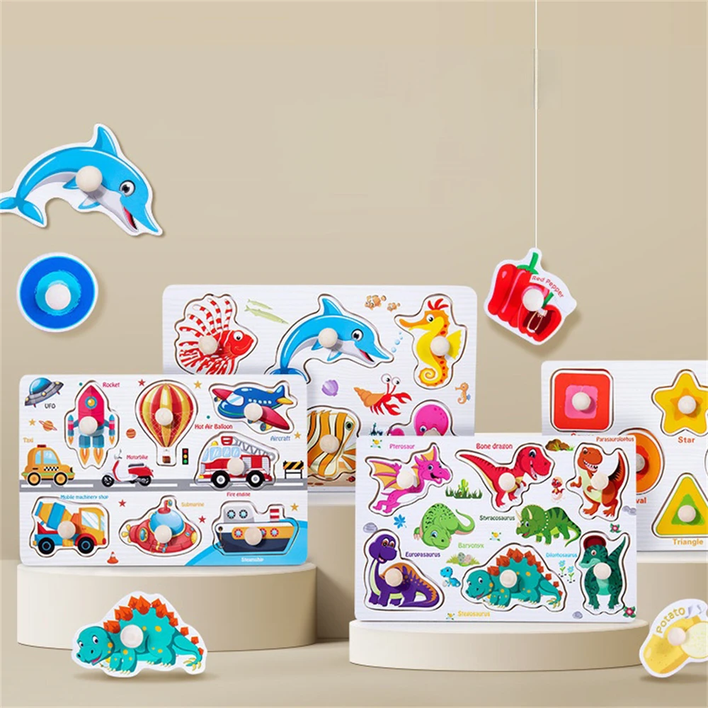 Hot Sale Montessori Educational Children Cartoon Animal Alphabet Fruit Topic Jigsaw Board DIY Hand Grab Wooden Peg Puzzle Toys
