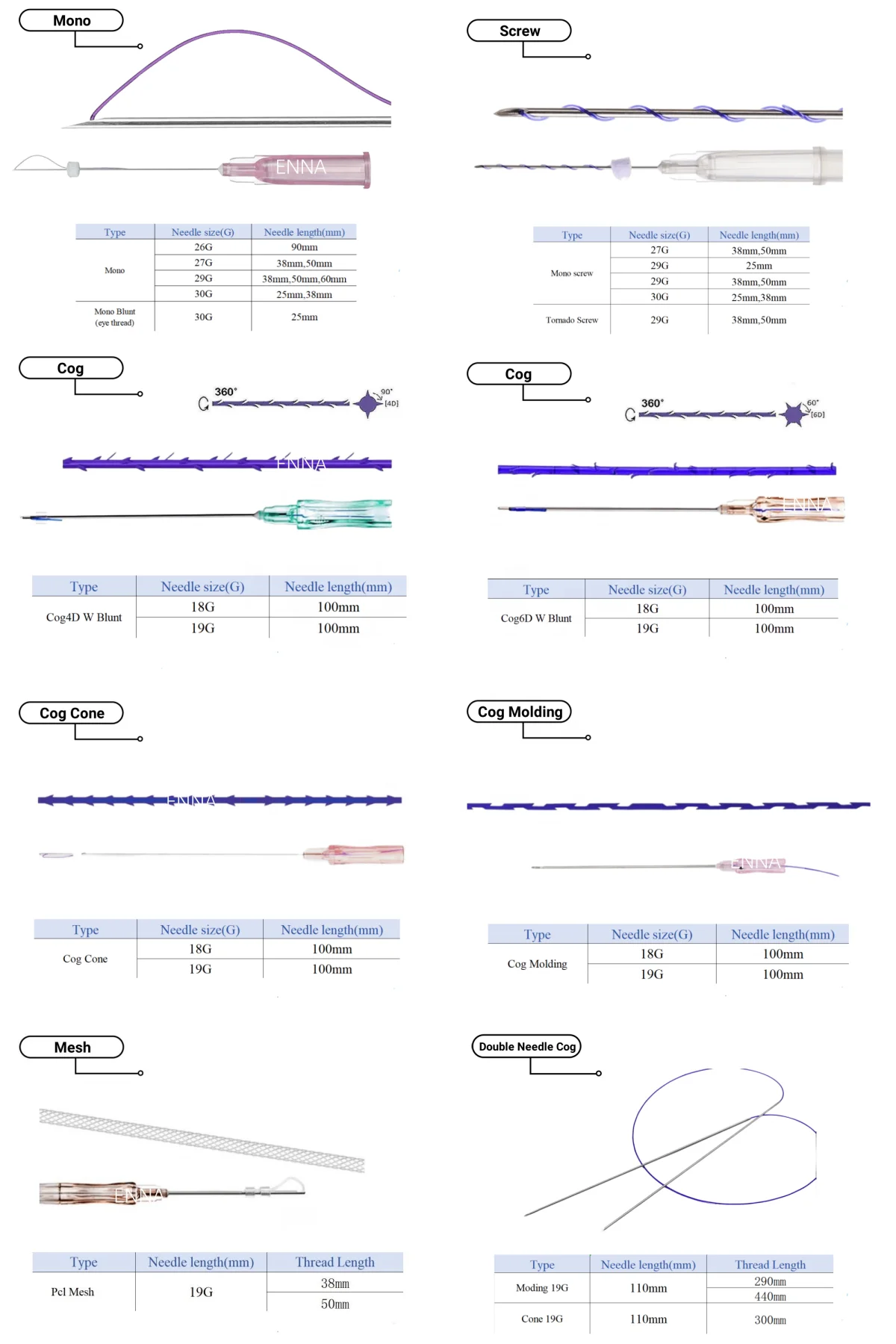ENNA pdo pcl plla  threads south korea mono and screw 26g 29g 30g