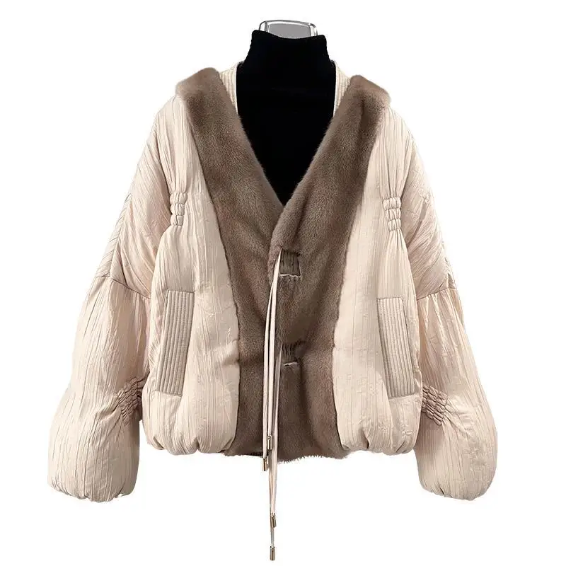 2023 new design whole mink grass spliced coat goose down jacket short breathable real mink fur coats for women