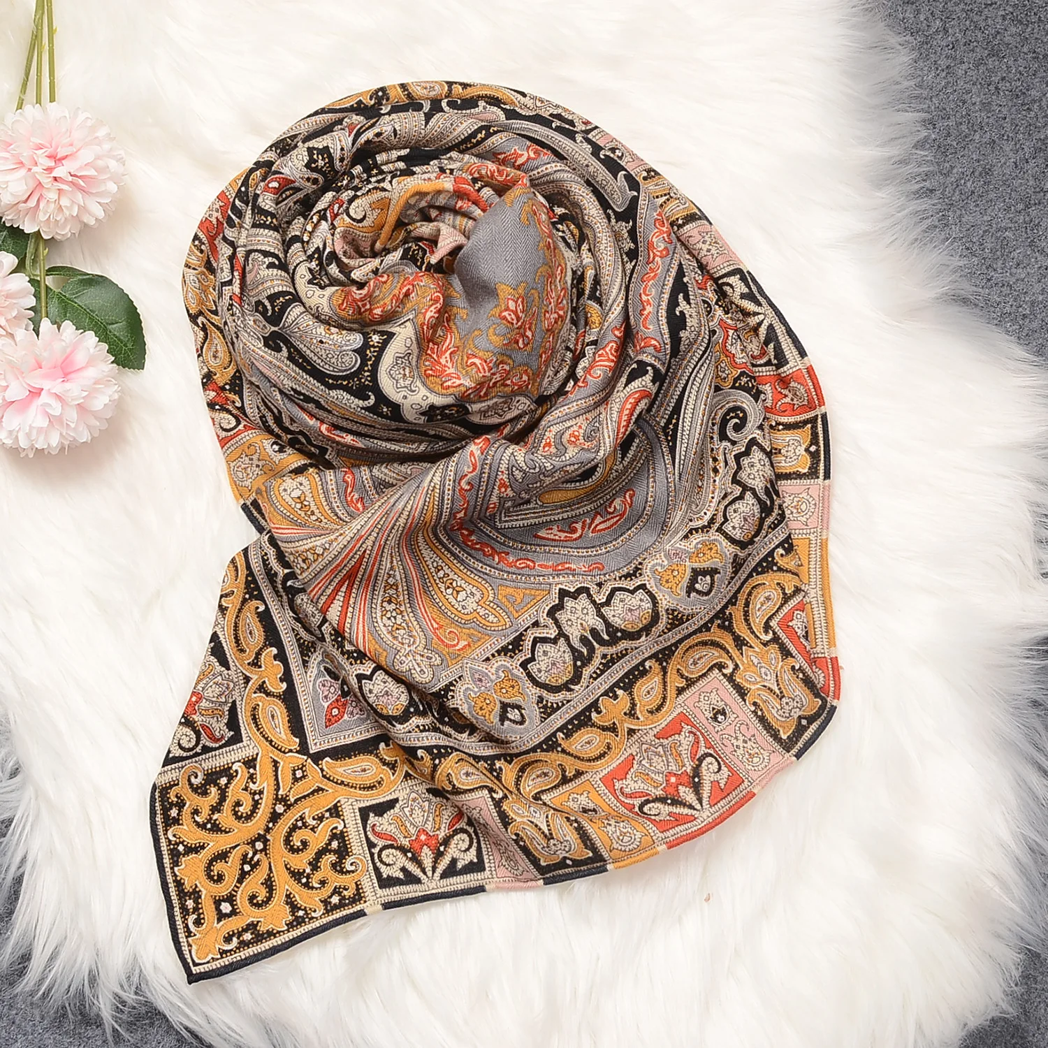 Printed wool  female Muslim scarf Baotou scarf tooth edge Muslim headscarf digital printed square scarf