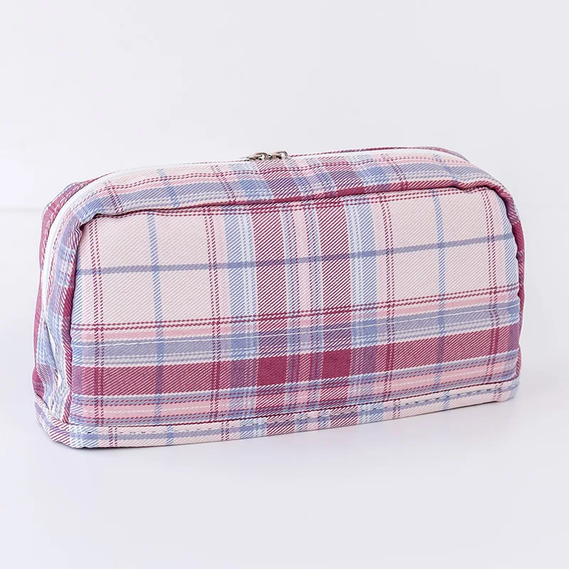 Classic lattice large capacity double zipper canvas student storage box check pattern design zipper fabric canvas pencil case