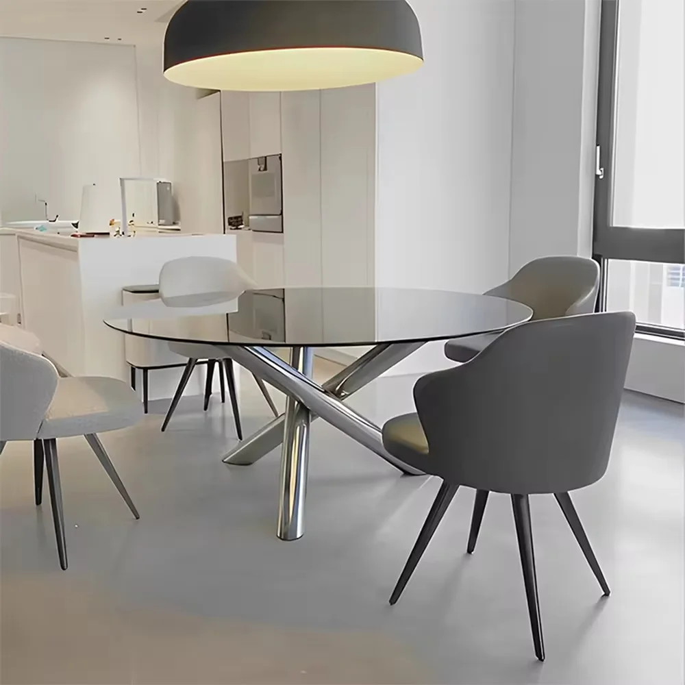 Modern Round Glass Dining Table | Designer Center Table with Chrome Cross Legs | Coffee Shop Dining Furniture