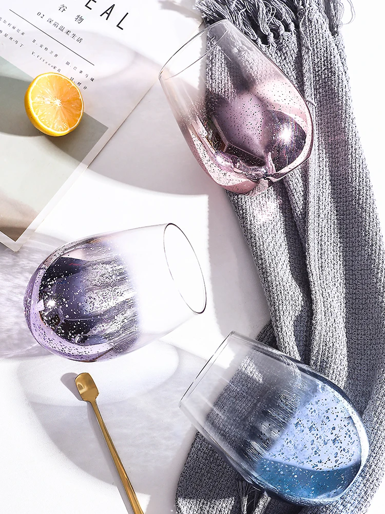 Creative Glass Drinking Cup Electroplating starry sky Stemless Wine Glass colorful  Water Glasses wholesale