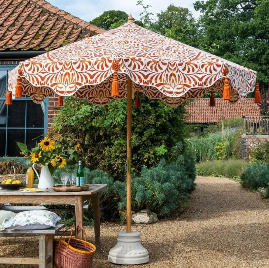 Outdoor 7ft 9ft Wooden Handcrafted Frame Octagonal Garden Parasol with Tassels, Large Sun Umbrella for Terrace Patio Decks Hotel