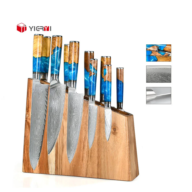 9PCS 67 layers Damascus Knife Set 10Cr15 Steel 8 Inch Chef Cleaver Knife Utility Kitchen Knives Colorful Blue Resin