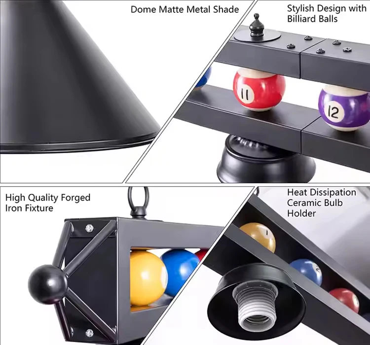 High Quality 3-Head LED Lamp for Billiard Pool Snooker Table Modern Black Metal Ball Design Hanging Chandelier