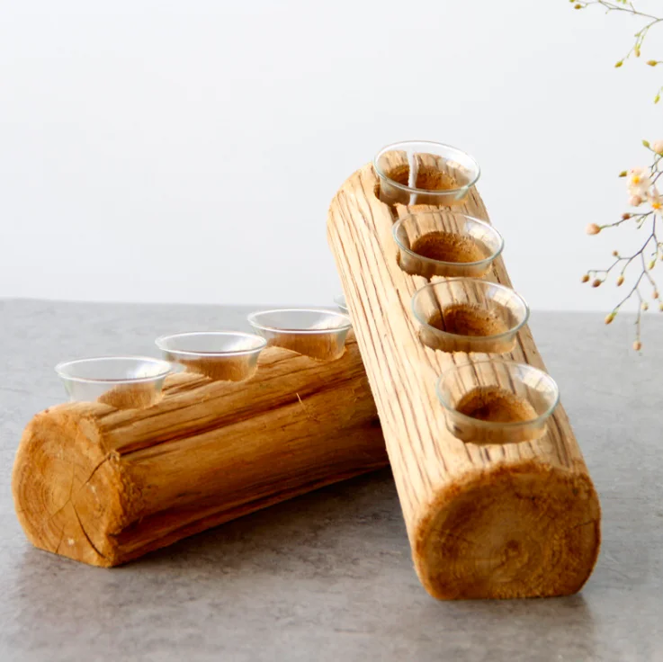 Producer good quality antique natural tree branch wooden decoration  candle holder with four glass cups