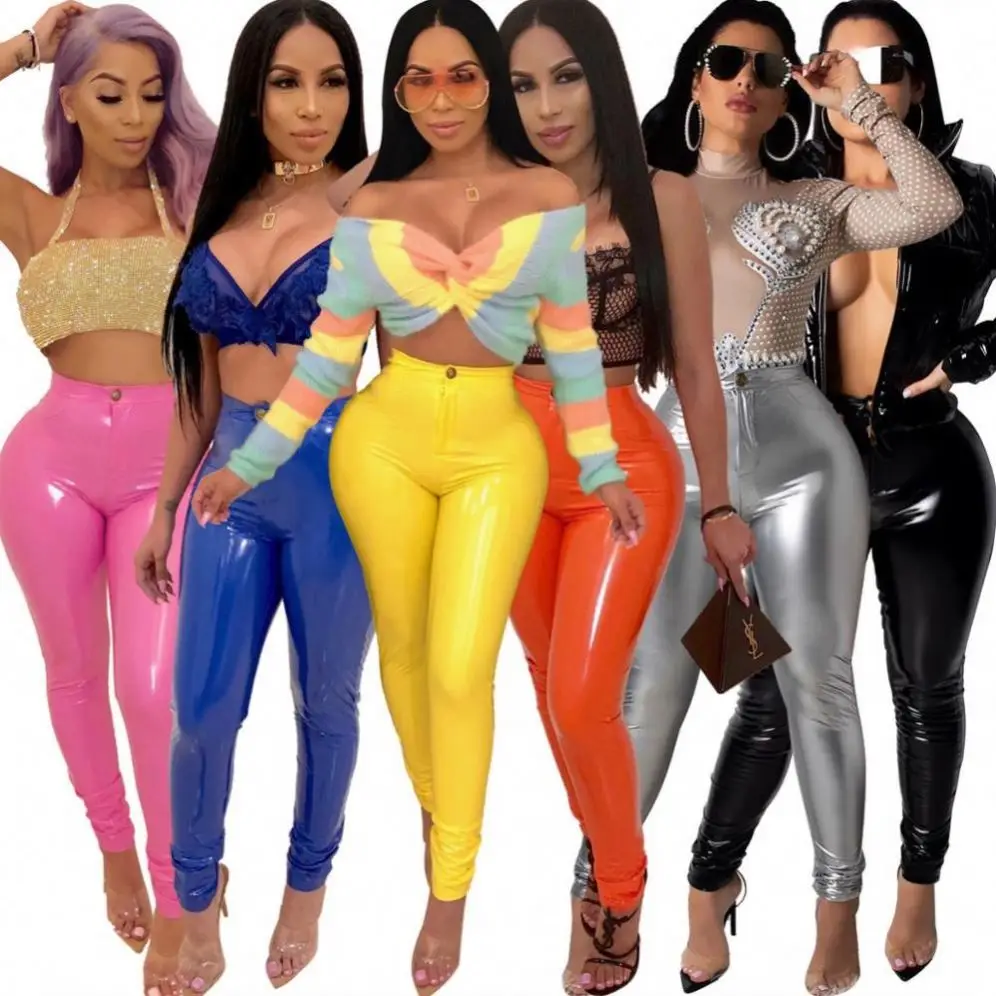 
New Hot Sell Neon Wet Look Skinny Elasticity Trousers Tight Pu Leather Pants For Woman 