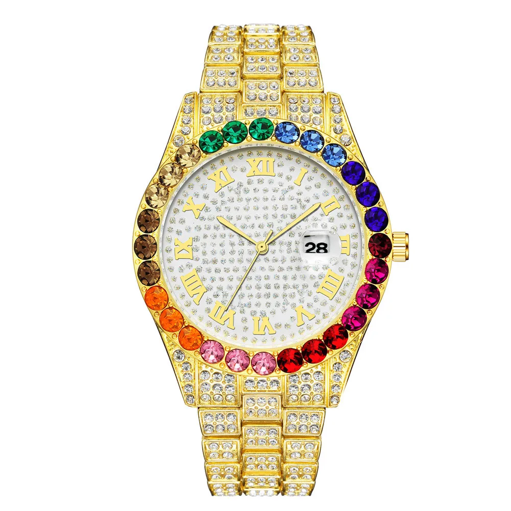 Hot Selling Men Quartz Watches Gold Diamond Watch For Men Stylish colorful stone bezel Geneva design Unisex Waterproof Timepiece
