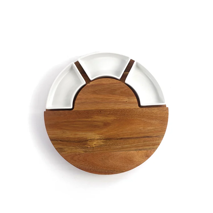 Round Cheese Tool Set Wooden Cheese Board With Cheese Knife And Bowls Server Plate