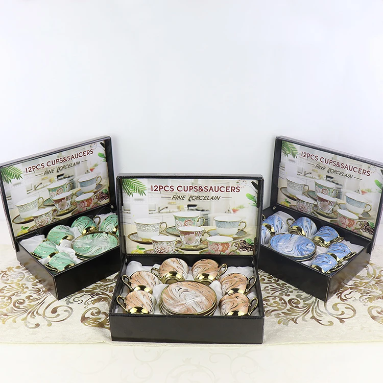 Wholesale Porcelain Arabic Afternoon Tea Gift Set 12PCS Luxury Ceramic Coffee Tea Cup and Saucer Set of 6