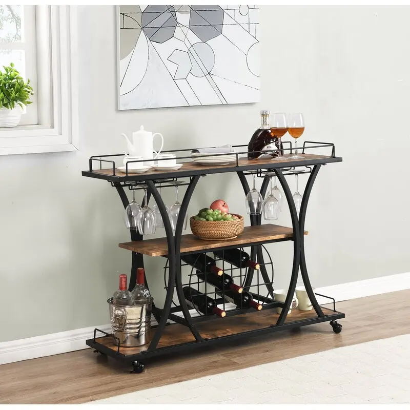 Serving Cart with Glass Holder and Wine Rack, 3-Tier Kitchen Trolley with Tempered Glass Shelves and Gold-Finished Metal Frame