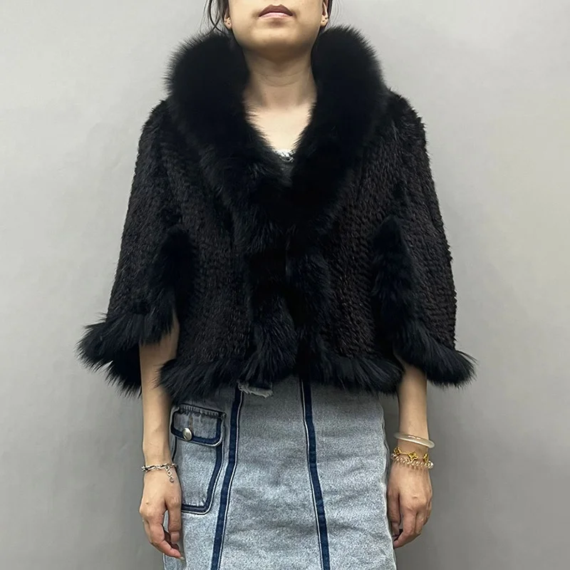 2024 Wholesale Luxury Cropped Cape Winter Warm Fox Fur Collar Trimming Short Fur Coat Women Knitted Real Mink Fur Shawl
