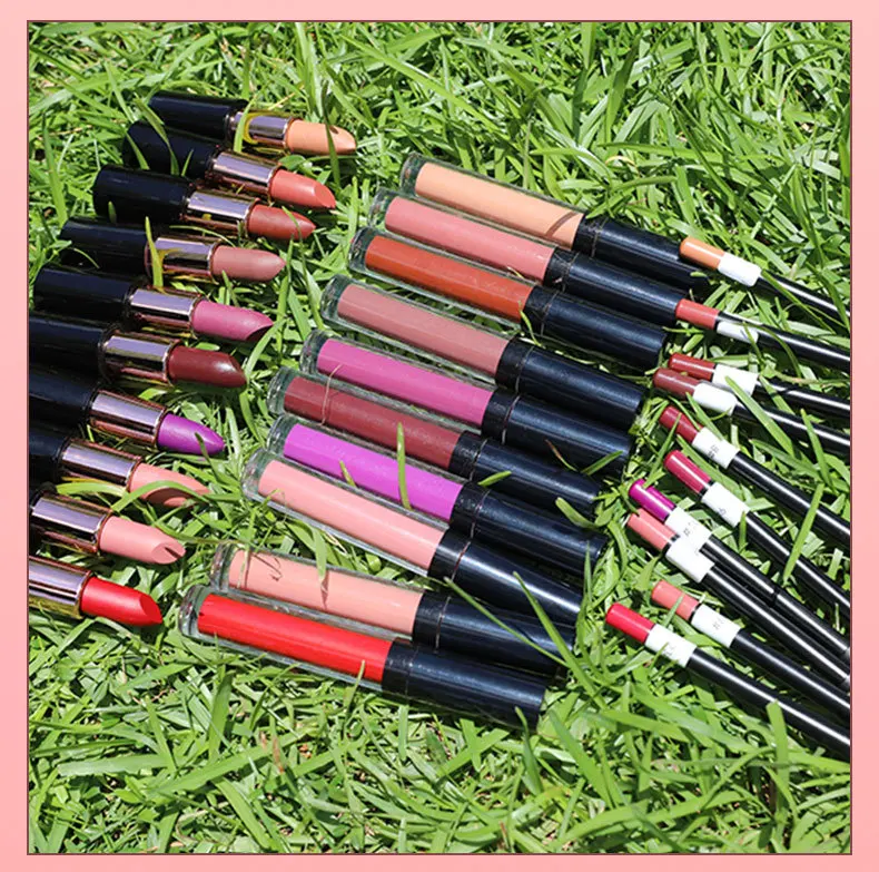 3 in 1 solid lipstick lip liner matte liquid lipstick set private label lip gloss waterproof custom logo lip stick set