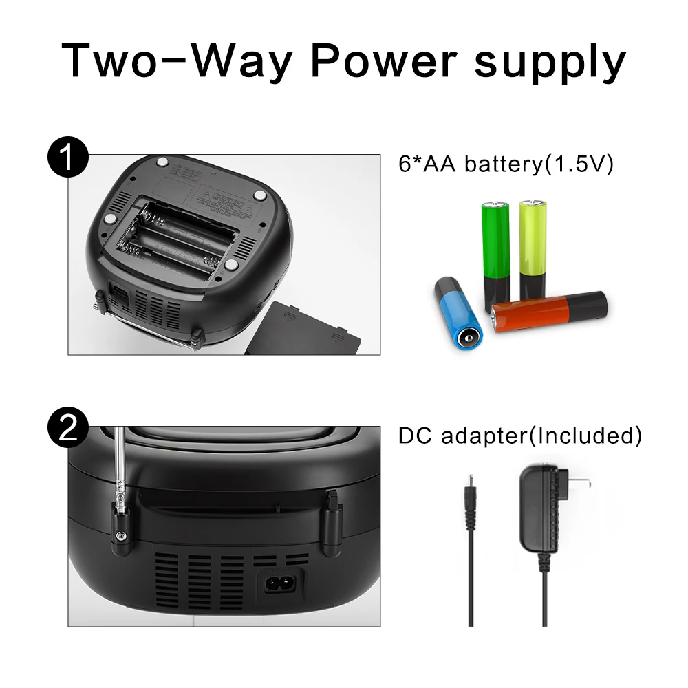 
CD Player Portable Boombox with FM Radio/USBAUX Input and Earphone Jack Output, Stereo Sound Speaker & Audio Player Black 