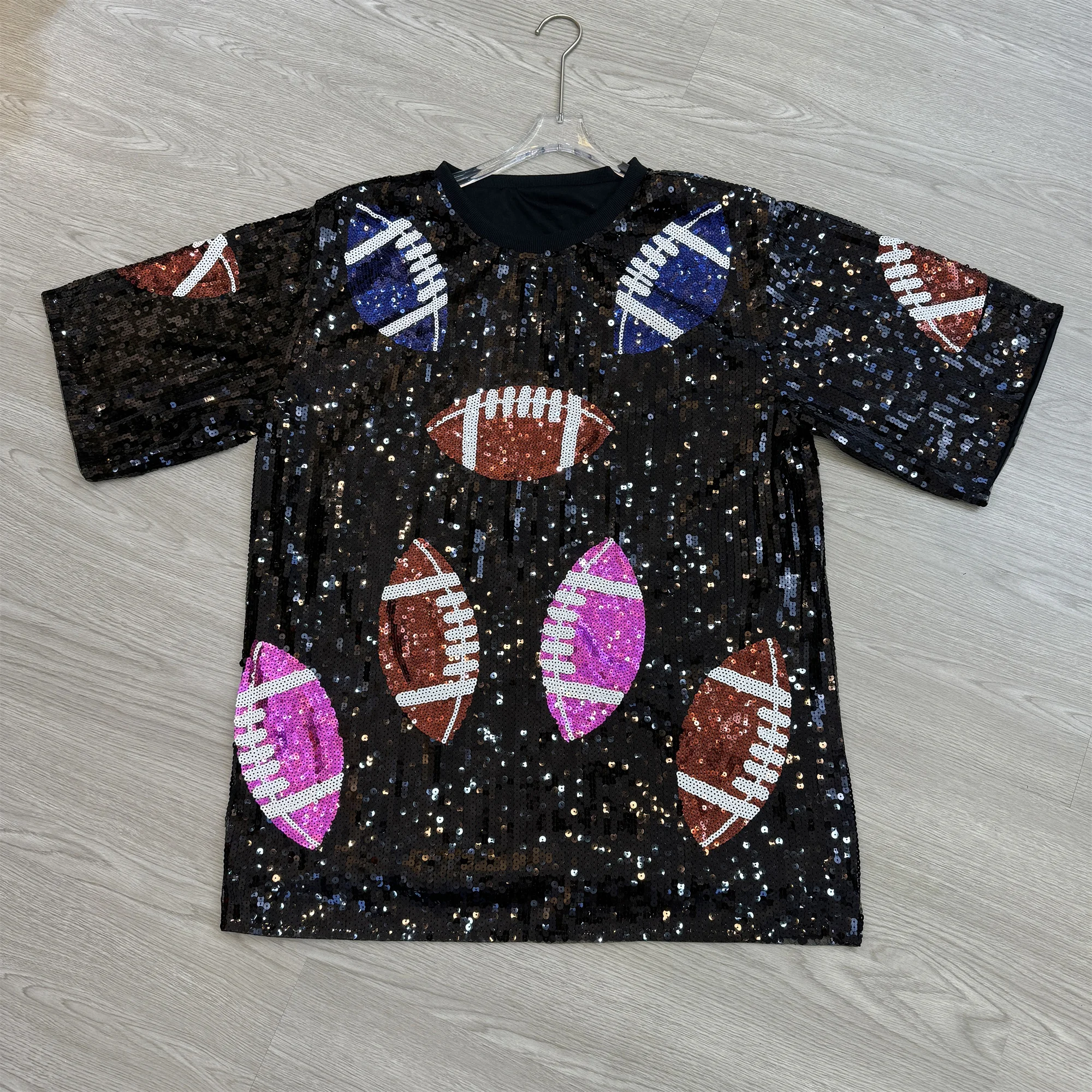 woman Wholesale Custom Game Day Football Sequin Iron On Patch Apparel club Top T-shirt Tshirt clothing Shirt dress for women