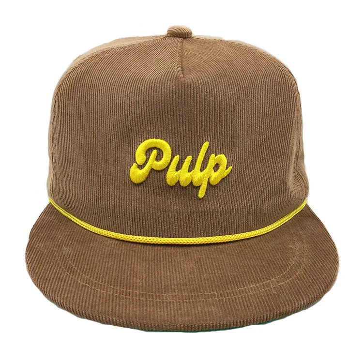 Customized 3d embroidery  logo 5 panel corduroy camp cap  with stripe across the brim