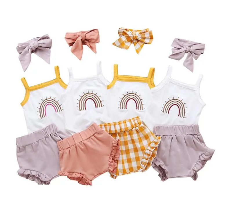
Summer 3pcs/set baby girl clothes embroidery rainbow romper jumpsuit +shorts+headband 