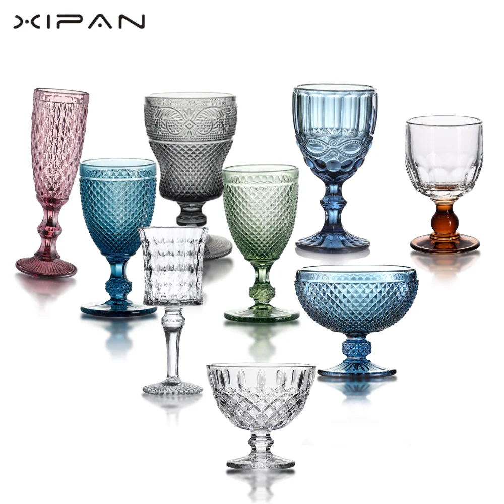 Blue Amber Wine Goblet Classic Retro Design Colored Glassware 2024 Hot Sale Embossed Vintage for Wedding Party Water Glass GB001