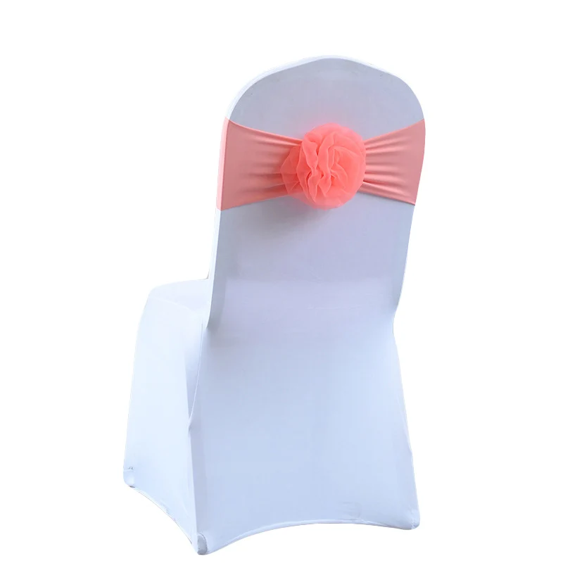 
Elastic Salmon Spandex Chair Bow Sash with Organza Flower For Wedding 
