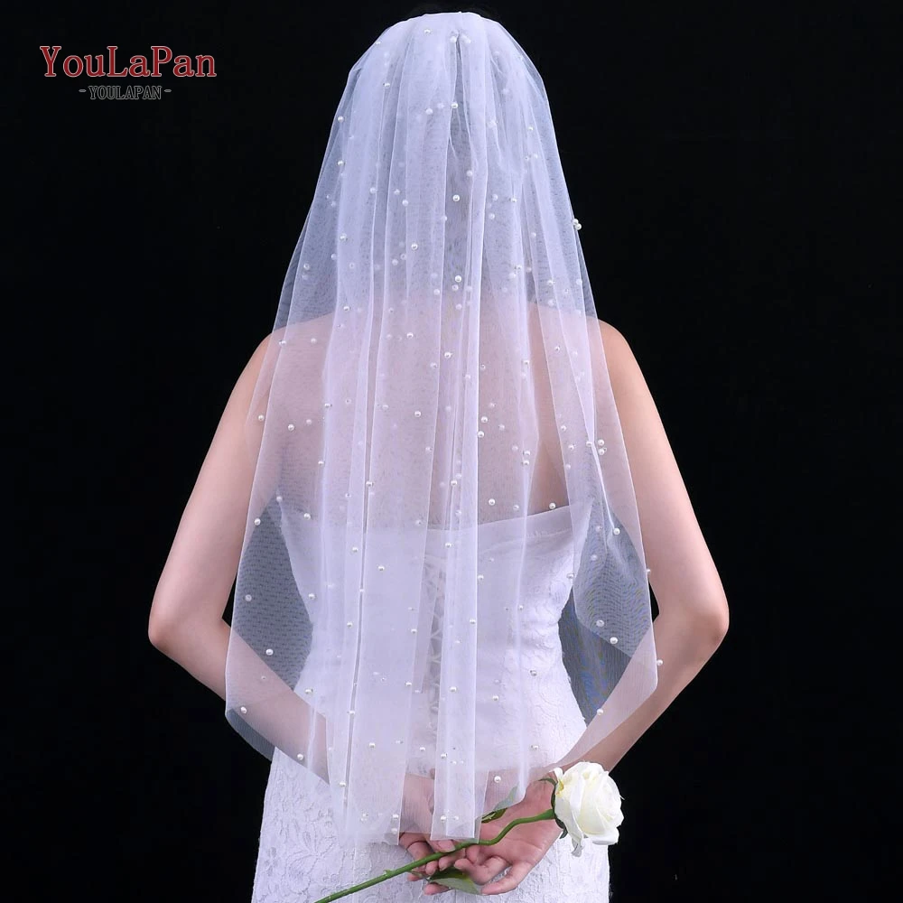 
YouLaPan V05 Pearl Bridal Veils with 3 Meters Trim Beaded Cathedral Wedding Tulle Wedding Weil 
