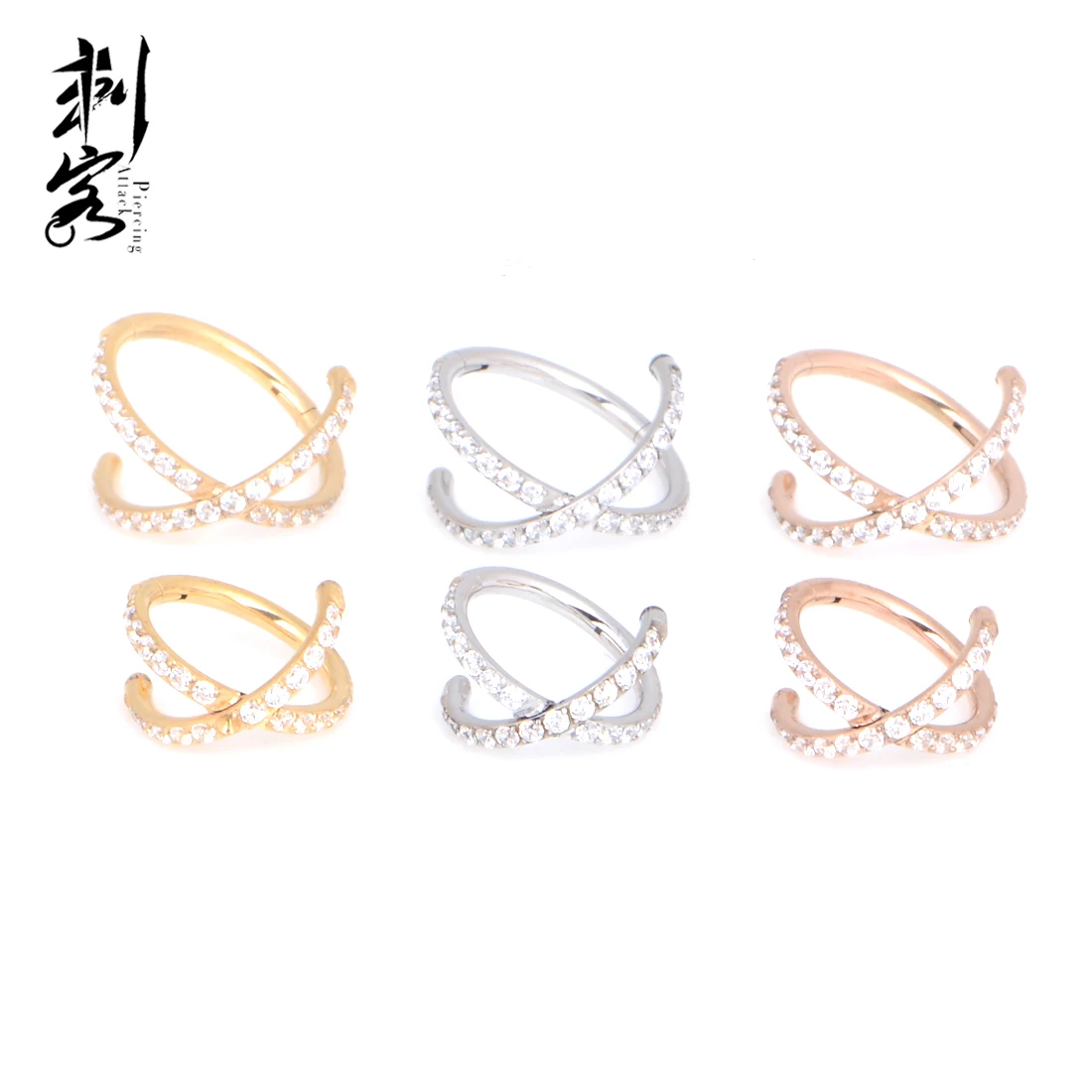 316L Surgical Steel Paved CZ X Cross Clicker Hinged Segment Ring