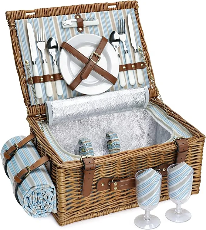 Picnic Basket Set for 2 Persons, Willow Hamper with Large Insulated Cooler Compartment, Waterproof Blanket and Cutlery Service