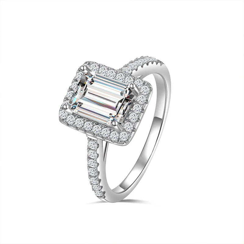 New Arrival 2Carat Halo Emerald Cut Moissanite 925 Sterling Silver Ring for Women  Moissanite Wedding Ring Girl