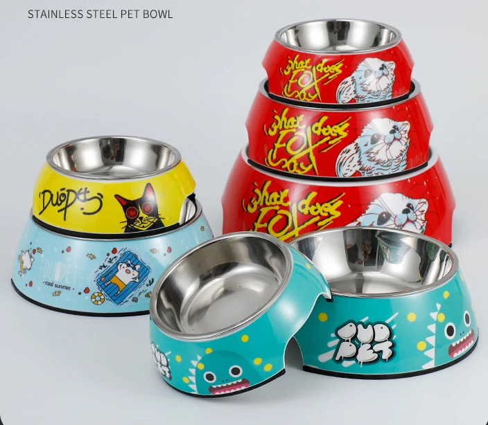 Wholesale imitating ceramic effect cute design dule layer melamine and stainless steel pet dog cat bowl