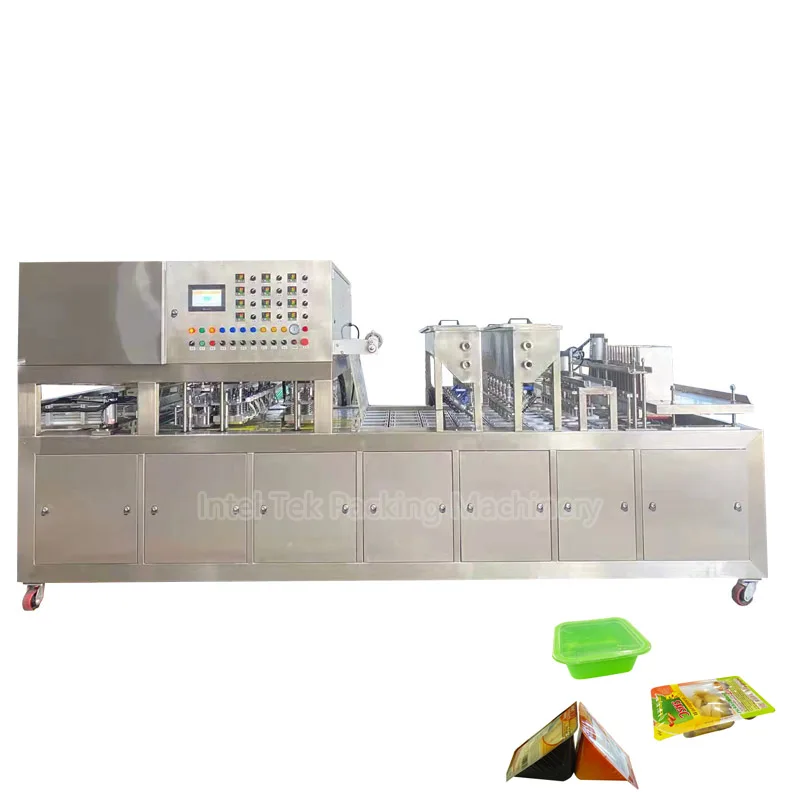 SUS 304 PLC Operation Automatic Tray Packaging Food Sauce Box Filling Sealing Machine Fruit Jam Ketchup Packing Machinery