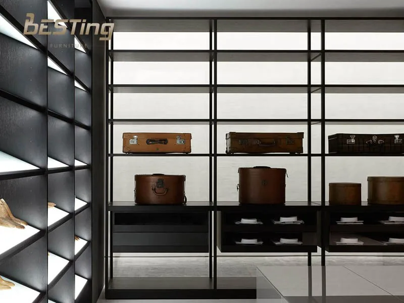 King size bedroom set with white tempered glass wall shelving system air dressing Wardrobe cabinet