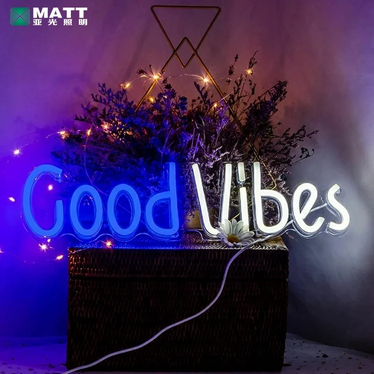 Matt drop shipping warm white and blue neon light with acrylic board good vibes neon light for wedding party girl bedroom decor