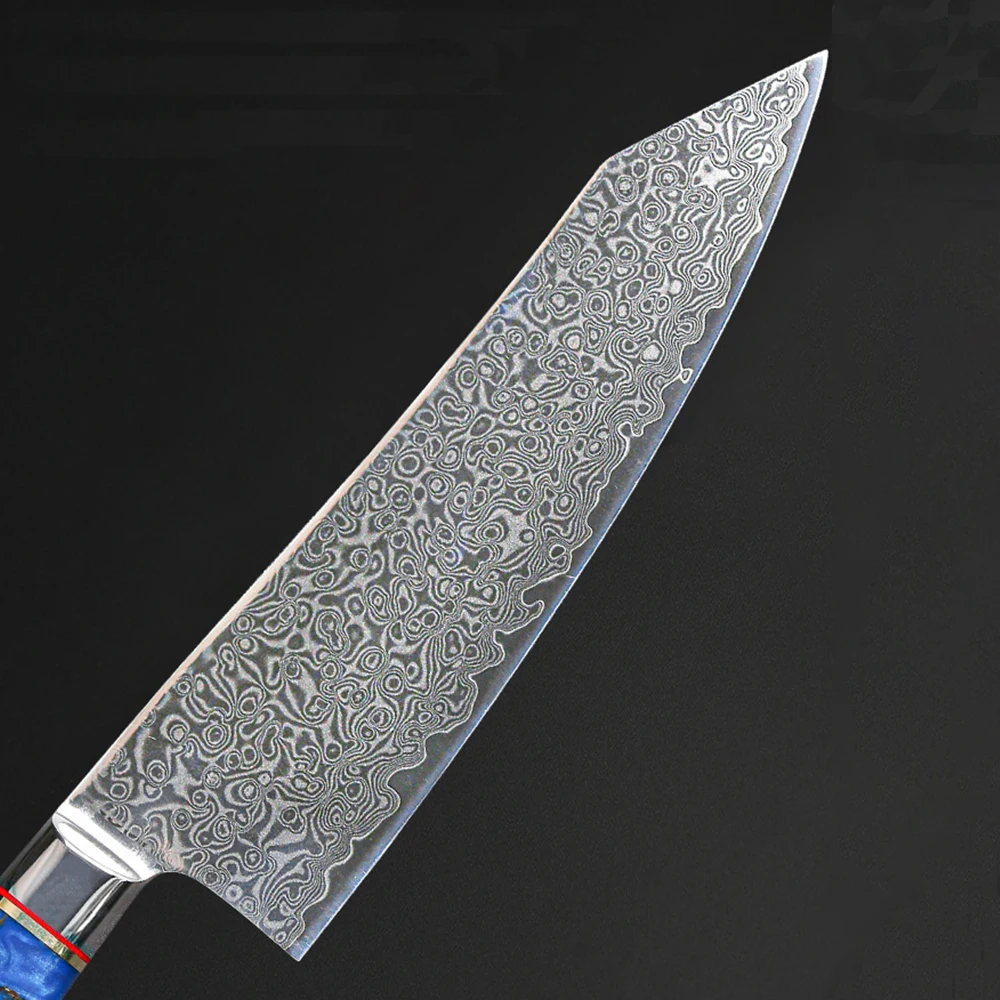 TEENS New Design VG 10 Damascus Kitchen Chef Knife with Blue Resin and Pine Cone Handle