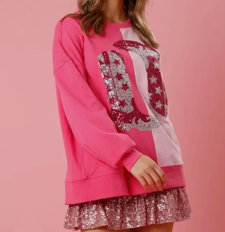 Custom Christmas atmosphere women sequin blank t shirts Sequined Boots Color Block Versatile Top Long Sleeve Sweatshirt