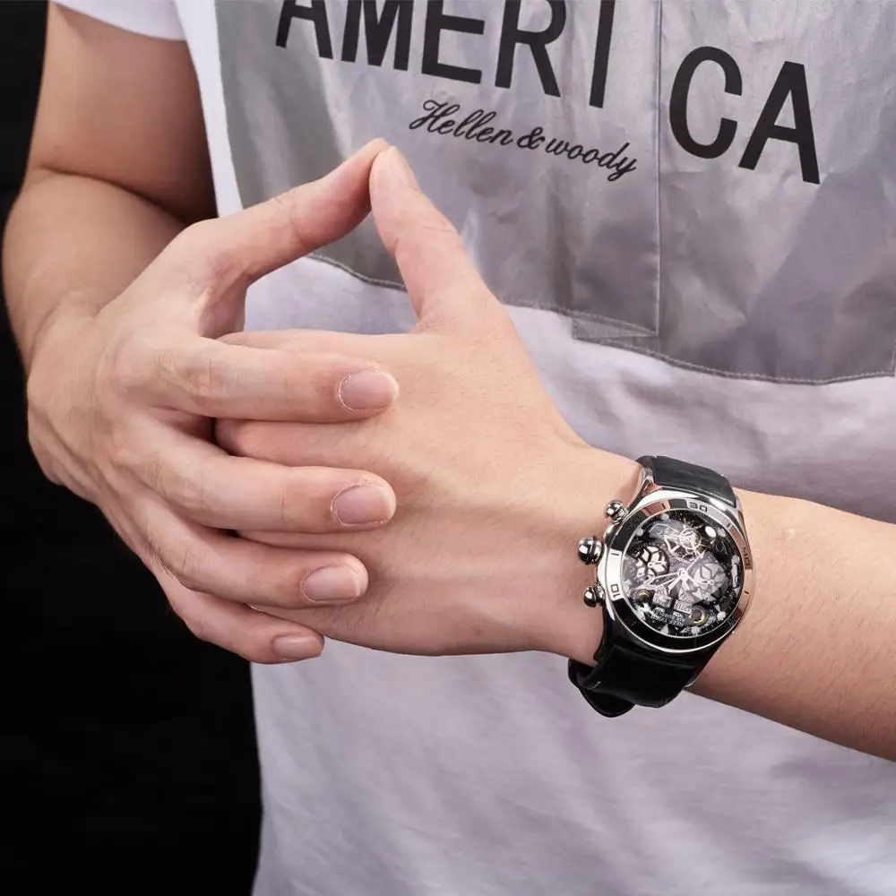 Риф Тигр мужские спортивные часы Скелет циферблат и руки год месяц дата день часы световой черный стальной автоматические часы RGA703