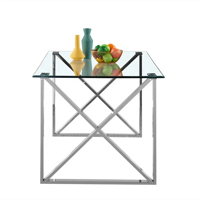 Quality chinese products stainless steel furniture restaurant tables chairs glass dining table set