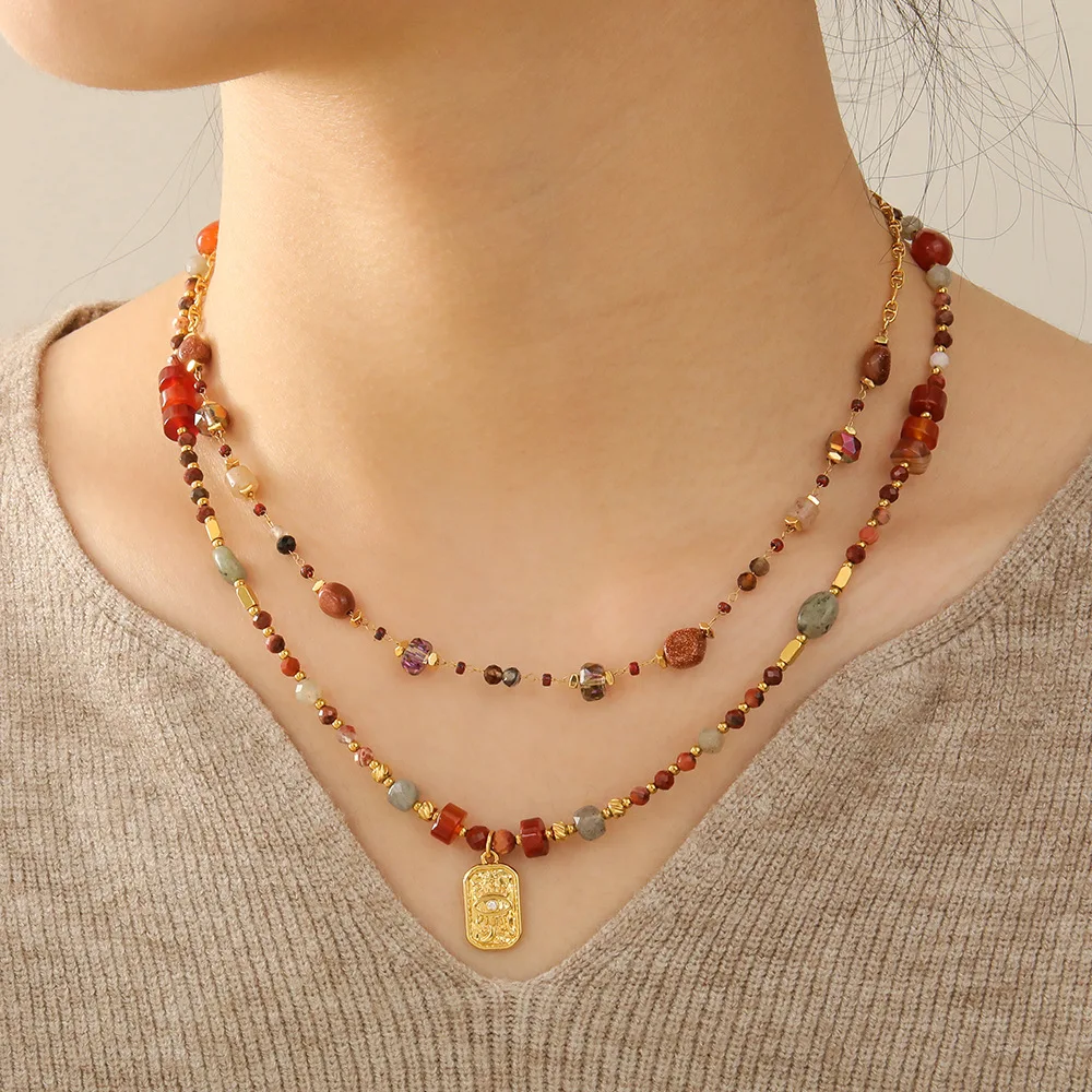 fashion tiger eye stone spotted stone red agate handmade sun pendant beaded necklace trendy