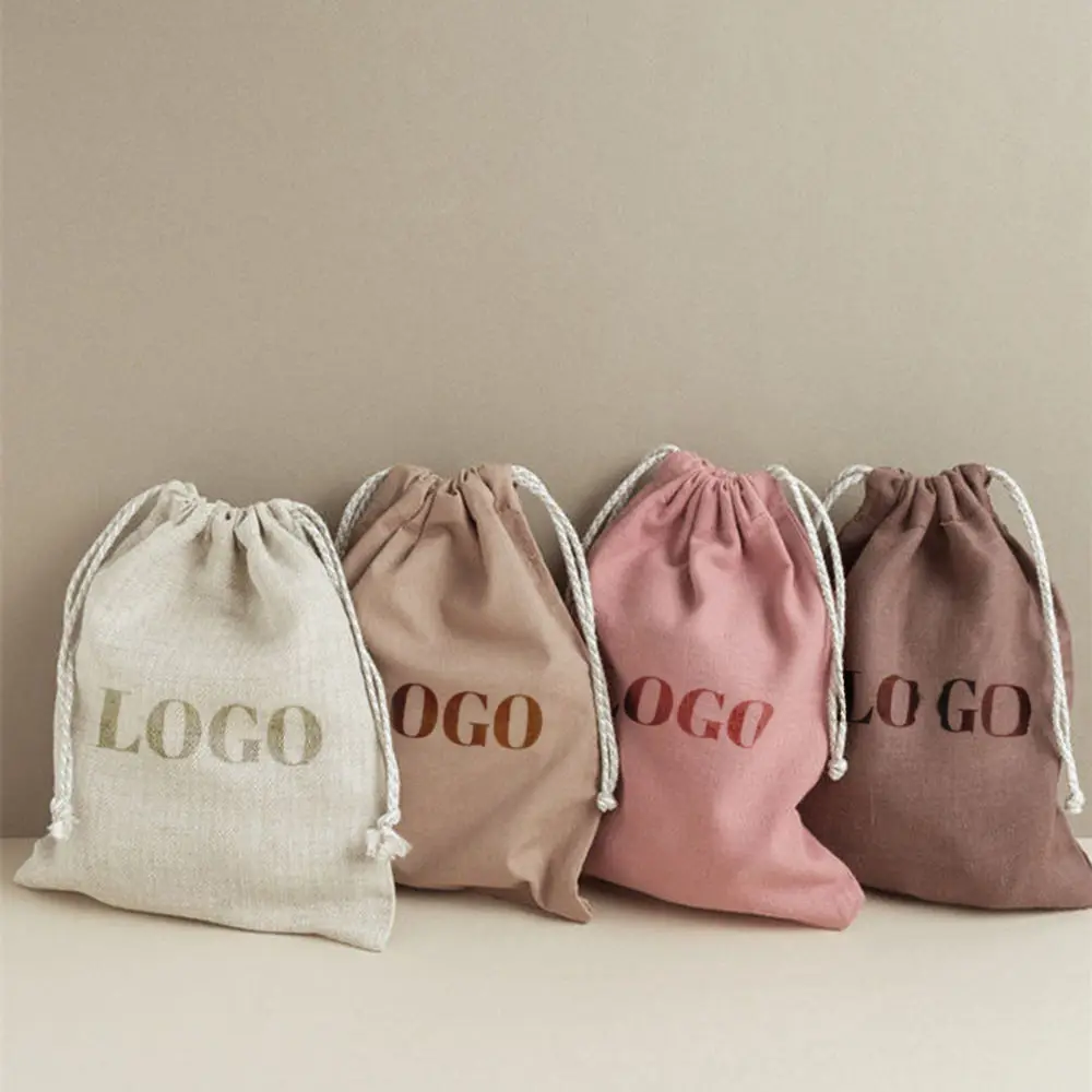 New Eco Muslin Cotton Linen Gift Jewellery Packaging Dust Pouch With Custom Private White Printed Logo Cotton Drawstring Bag