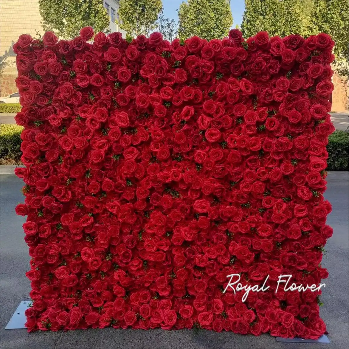 customized size and design whole sale price fabric roll up new red rose flower and green flower wall wedding backdrop